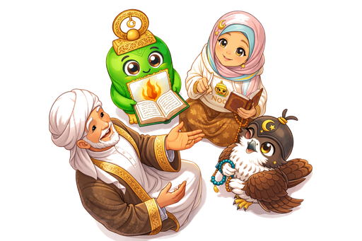 Sabinoor mascots — Noo, Aisha, Hamza, and Zayd — studying together with a Mushaf
